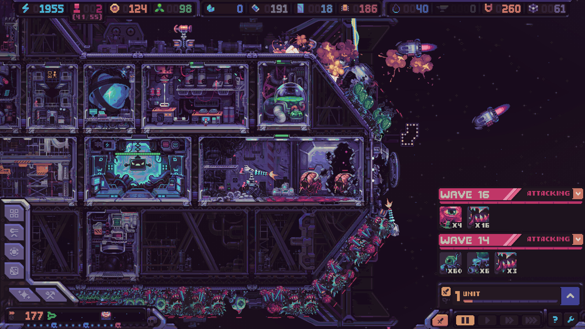 Hull Rupture demo - official demo screenshot of the ship hull covered in alien growth with a wave list panel